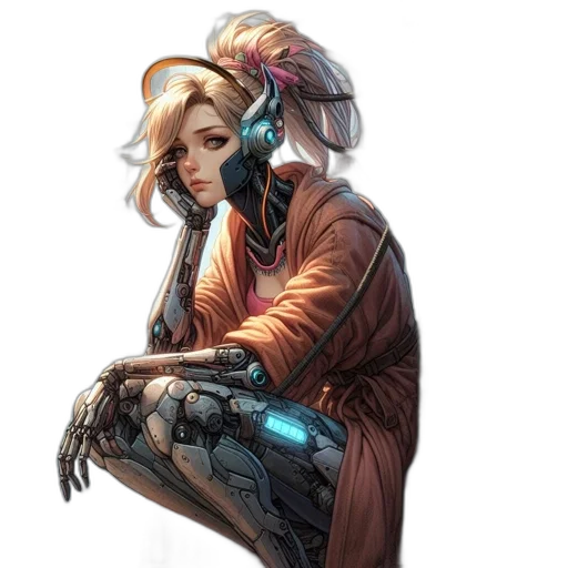robot, jacket, staff, weapon, cyberpunk, concept art, fantasy art, comic book art transparent PNG cut-out