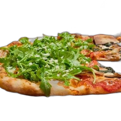 food, 3d render, photorealistic, pizza, topped, arugula, cheese, sits transparent PNG cut-out