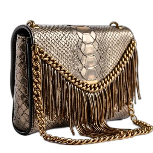 jewelry, saint, laurent, metallic, snakeskin, clutch, chain, fringes transparent PNG cut-out