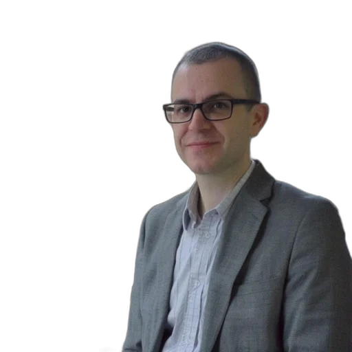 staff, man, wearing, glasses, gray, blazer, stands, modern transparent PNG cut-out