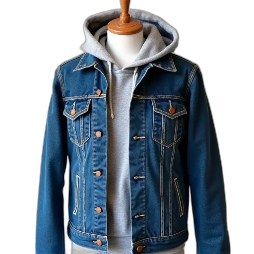 jacket, blue, denim, grey, hoodie, underneath, displayed, mannequin transparent PNG cut-out