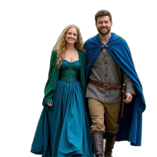 dress, jacket, sword, staff, green, man, woman, walking transparent PNG cut-out