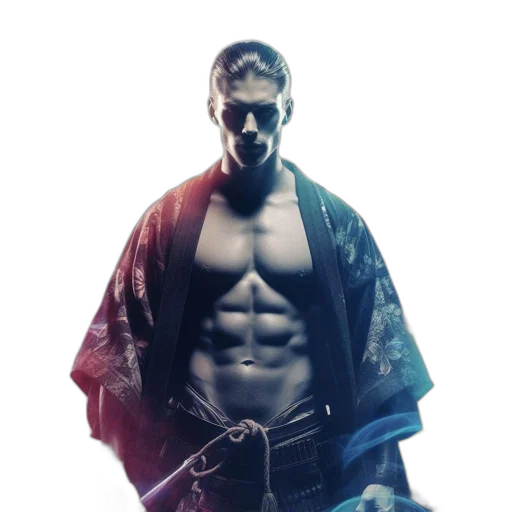 jacket, sword, weapon, robot, cyberpunk, photorealistic, concept art, 3d render transparent PNG cut-out