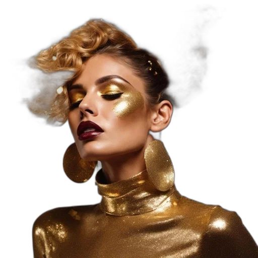 jewelry, jacket, crown, face, photorealistic, golden, earth tones, woman transparent PNG cut-out