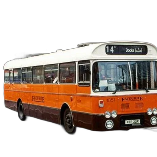 photorealistic, 3d render, orange, white, bus, word, favourite, parked transparent PNG cut-out