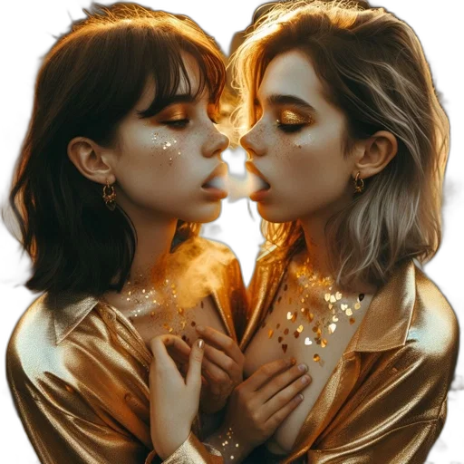 jewelry, jacket, photorealistic, concept art, neon lights, golden, two, women transparent PNG cut-out