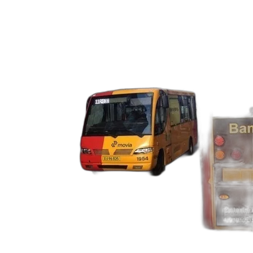 3d render, concept art, yellow, red, bus, word, movia, driving transparent PNG cut-out
