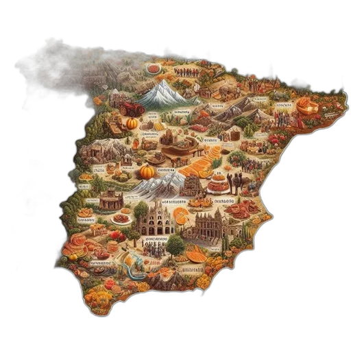 concept art, colorful, map, spain, highlights, landmarks, food, culture transparent PNG cut-out