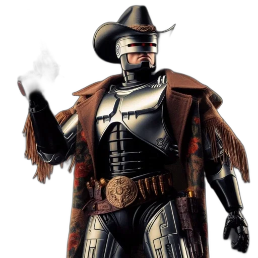 robot, jacket, concept art, comic book art, fantasy art, anthropomorphic, donning, cowboy transparent PNG cut-out