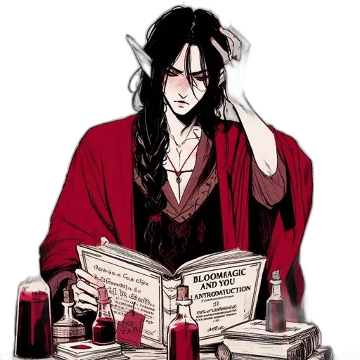 comic book art, fantasy art, concept art, cartoon, red, dark, elf-like, character transparent PNG cut-out