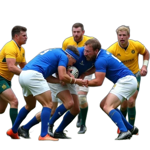 rugby, match, progress, players, blue, yellow, jerseys, one transparent PNG cut-out