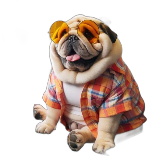 jacket, animal, creature, 3d render, photorealistic, concept art, cheerful, pug transparent PNG cut-out