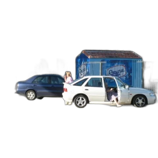 car, 3d render, photorealistic, concept art, city street, white, parked, front transparent PNG cut-out