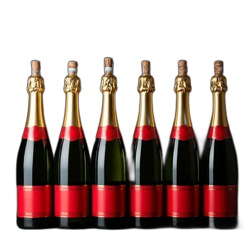 bottle, row, six, champagne, bottles, gold, foil, red transparent PNG cut-out