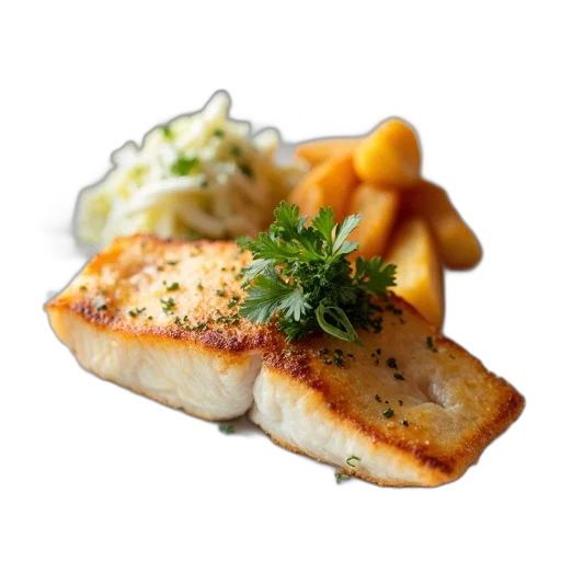 food, photorealistic, 3d render, white, plate, piece, fish, topped transparent PNG cut-out
