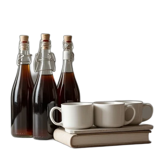 bottle, 3d render, earth tones, coffee, table, book, quick, build transparent PNG cut-out