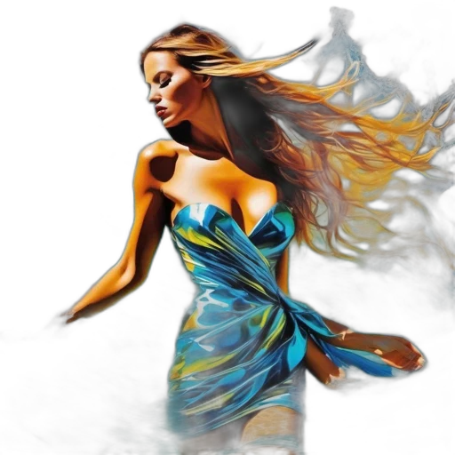 dress, photorealistic, fantasy art, 3d render, oil painting, underwater, blue, golden transparent PNG cut-out