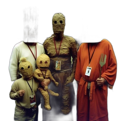 mask, staff, concept art, earth tones, group, individuals, wearing, unique transparent PNG cut-out