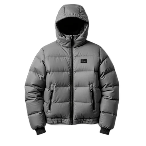 jacket, monochrome, grey, puffer, zipper, hood, displayed, against transparent PNG cut-out