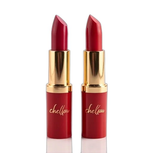 red, two, identical, lipsticks, gold, lettering, cap, base transparent PNG cut-out