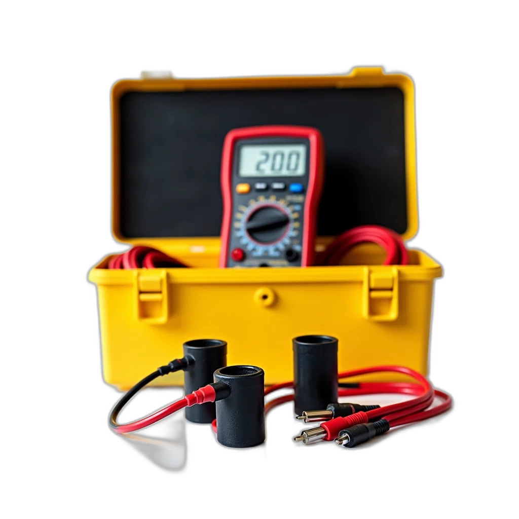 yellow, toolbox, digital, multimeter, top, open, revealing, black transparent PNG cut-out