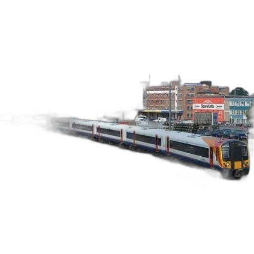 weapon, photorealistic, fog, train, tracks, buildings, background transparent PNG cut-out