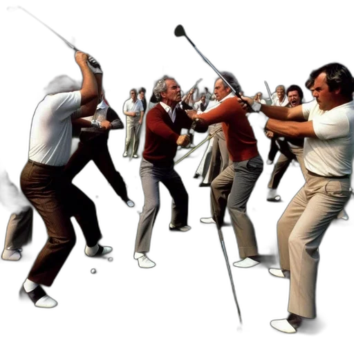 staff, concept art, men, engage, playful, exaggerated, golf, swings transparent PNG cut-out