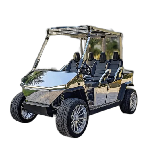 car, 3d render, photorealistic, chrome-colored, golf, cart, black, leather transparent PNG cut-out