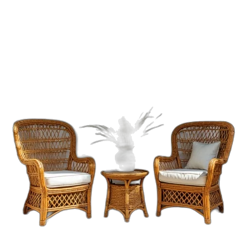 furniture, 3d render, concept art, photorealistic, two, wicker, chairs, table transparent PNG cut-out