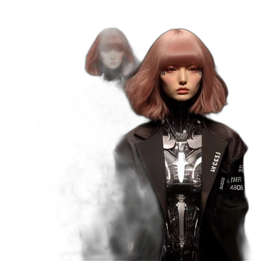 hair, robot, jacket, concept art, cyberpunk, photorealistic, 3d render, outer space transparent PNG cut-out