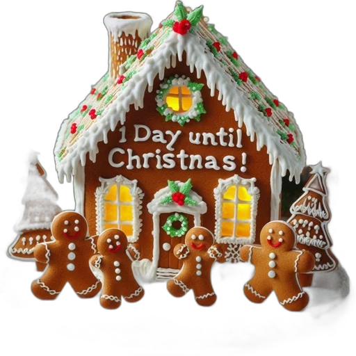 3d render, festive, gingerbread, house, adorned, icing, decorations, surrounded transparent PNG cut-out