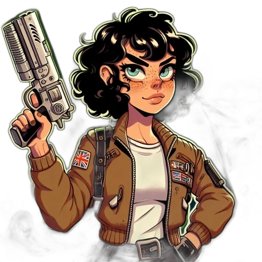 jacket, weapon, comic book art, concept art, cartoon, pixel art, young, woman transparent PNG cut-out