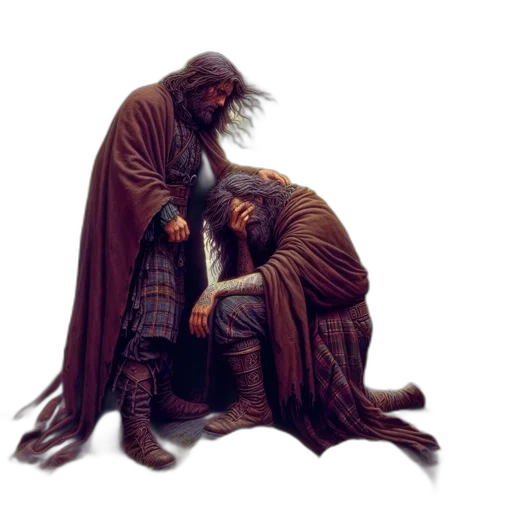 concept art, snow, two, men, one, kneeling, standing, situated transparent PNG cut-out