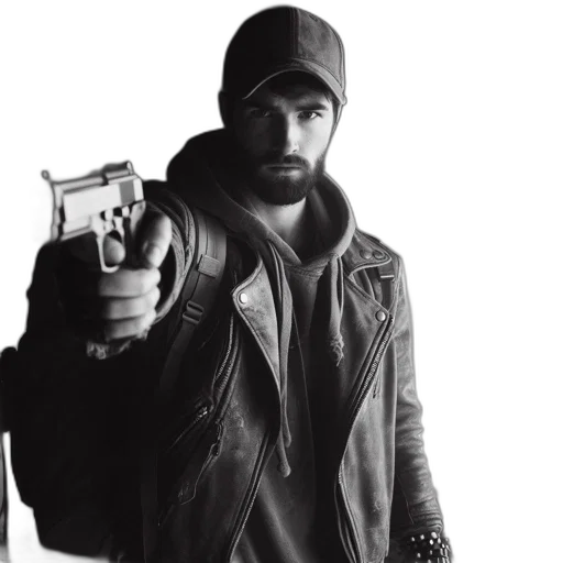 jacket, weapon, photorealistic, concept art, dimly, lit, environment, man transparent PNG cut-out