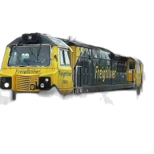 photorealistic, concept art, 3d render, yellow, black, locomotive, word, freightliner transparent PNG cut-out