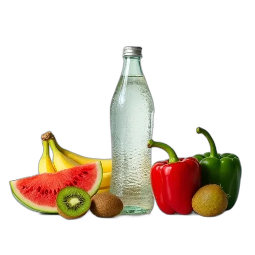 bottle, food, photorealistic, 3d render, still, life, composition, featuring transparent PNG cut-out