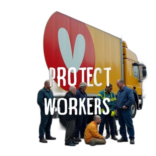staff, group, workers, standing, around, large, yellow, truck transparent PNG cut-out