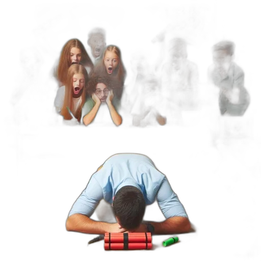 staff, concept art, 3d render, photorealistic, chaotic, classroom, scene, students transparent PNG cut-out