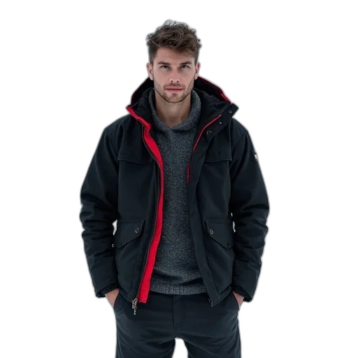 jacket, 3d render, man, standing, snowy, landscape, wearing, black transparent PNG cut-out