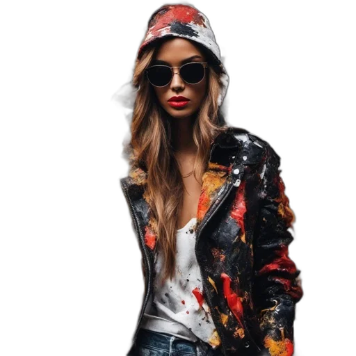 jacket, hat, photorealistic, cartoon, concept art, dark, neon, colorful transparent PNG cut-out