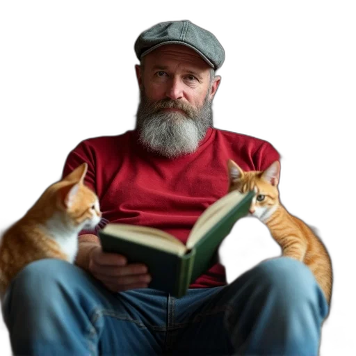 hat, animal, photorealistic, man, beard, sitting, couch, multiple transparent PNG cut-out