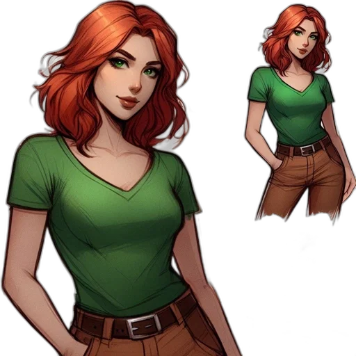 concept art, comic book art, fantasy art, pixel art, earth tones, green, red, female transparent PNG cut-out