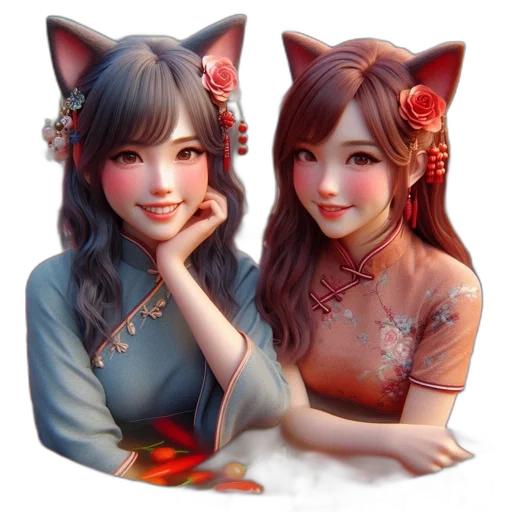 fantasy art, photorealistic, anime, concept art, red, two, cat-eared, women transparent PNG cut-out