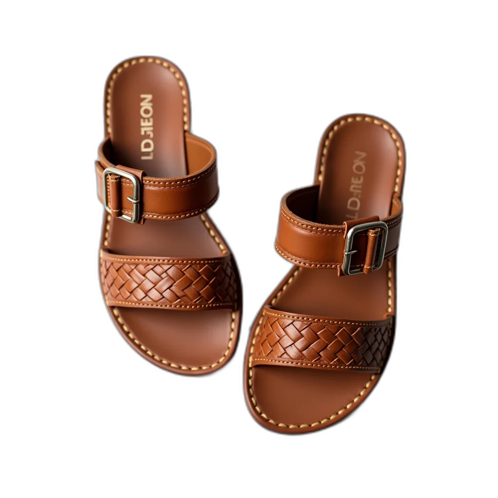 shoes, pair, brown, leather, sandals, woven, strap, metal transparent PNG cut-out