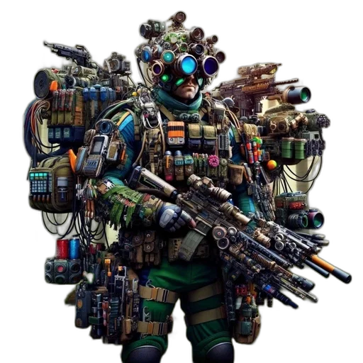 robot, weapon, staff, concept art, cyberpunk, pixel art, 3d render, green transparent PNG cut-out