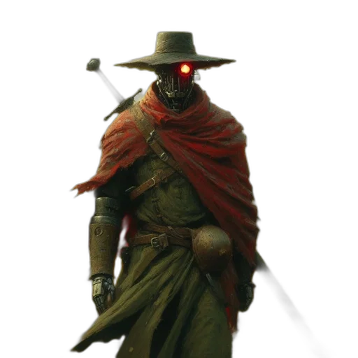 staff, hat, mask, sword, concept art, fantasy art, cyberpunk, 3d render transparent PNG cut-out