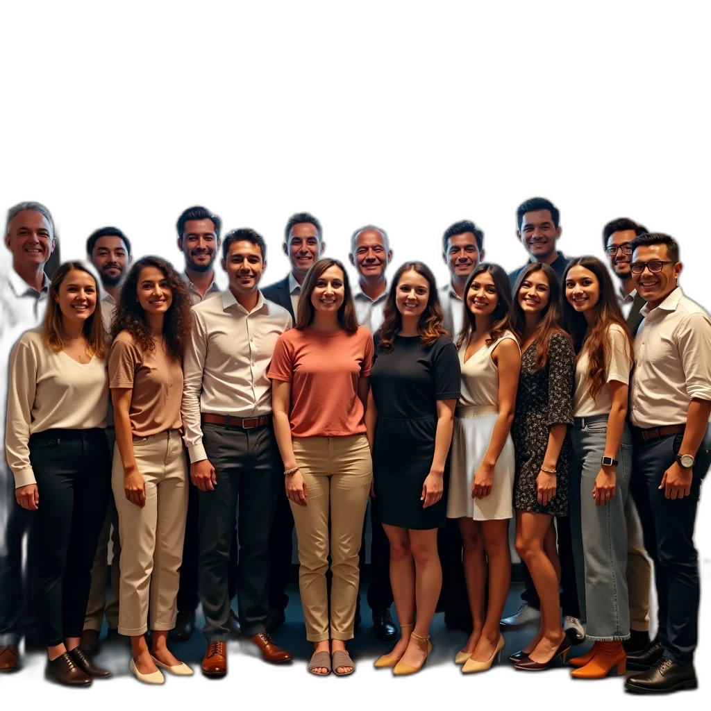 staff, group, people, posing, photo, room, large, screen transparent PNG cut-out