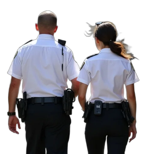 staff, two, police, officers, uniform, walking, down, street transparent PNG cut-out
