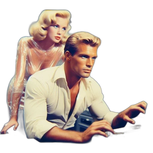 comic book art, vaporwave, concept art, 3d render, man, works, typewriter, while transparent PNG cut-out