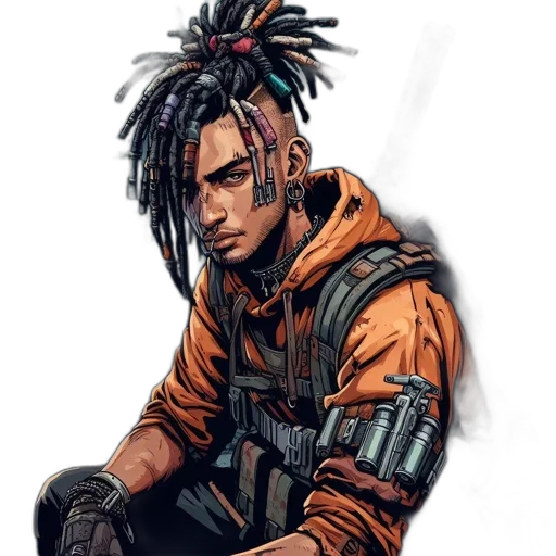jacket, face, weapon, hair, cyberpunk, concept art, fantasy art, comic book art transparent PNG cut-out